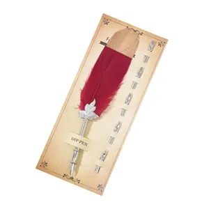 Set penna d'oca rossa vintage con punta dorata e 5 pennini di ricambio in metallo