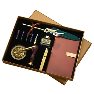 Set regalo di lusso penna piuma vintage con taccuino in pelle e kit sigillo in cera
