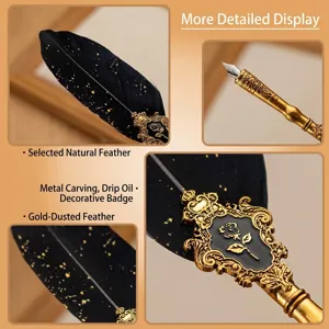 Detailed close-up of vintage black feather dip pen with gold engravings and rose plaque