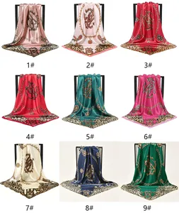 Variety of fashionable leopard and chain print silk-like square scarves in 9 vibrant colors