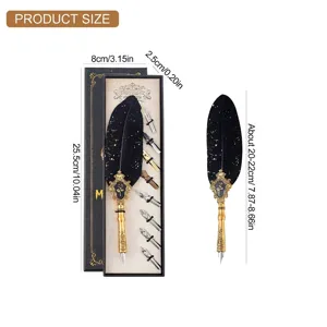 Detailed dimensions of the retro feather quill pen set with 9 calligraphy dip nibs