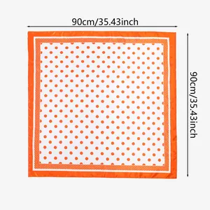 90cm square silk scarf for women featuring an orange polka dot pattern on white.