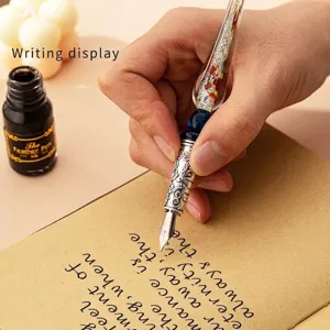 Penna in vetro creativa con glitter dorati e impugnatura in argento