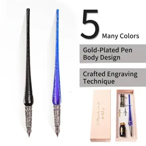 Set calligrafia professionale con penna in vetro cristallo, intaglio dorato e inchiostro