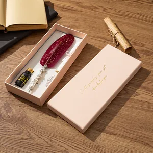 Vintage burgundy feather calligraphy dip pen gift set with gold flecks and ink bottle