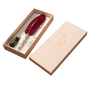 Vintage burgundy feather dip pen set with ink and elegant gift box for calligraphy