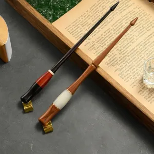 Elegant vintage wooden calligraphy dip pen holders with gold metallic nib flanges for writing