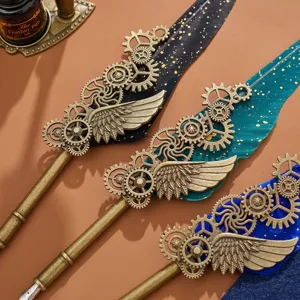 Vintage steampunk σετ πένας με φύλλα χρυσού, μηχανικά γρανάζια και φτερά διακόσμηση