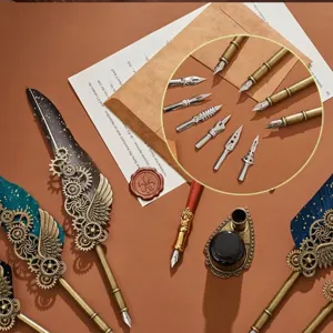 Vintage steampunk σετ πένας με φτερά, μηχανικά γρανάζια και ανταλλάξιμες μύτες