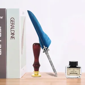 Vintage blaues Federkiel-Set mit Lacksiegel und Tintentopf Geschenk