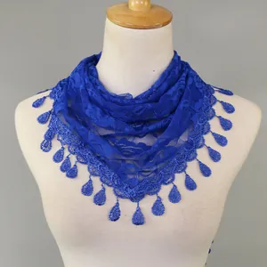 Royal blue lace triangle scarf with hollow floral design and chic fringe for women.