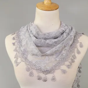 Classic women hollow lace triangular scarf elegant solid color decorative tassel shawl
