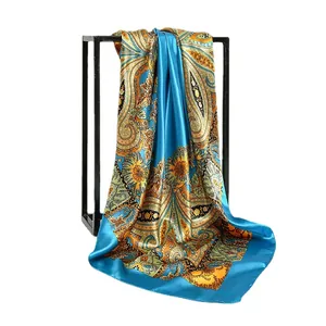 Foulard élégant en imitation soie à motif cachemire, étole d'été bleue anti-UV.