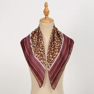 Elegant leopard print chiffon square scarf shawl for women with wine red border pattern