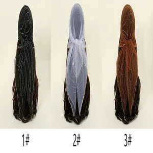 Detailed view of rhinestone polyester square scarves in black, grey, and brown colors