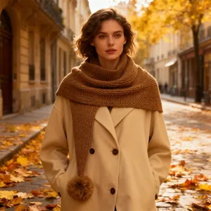 Elegante sciarpa in maglia marrone con dettaglio pompon su una strada autunnale