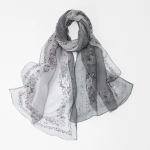 Elegant grey floral print chiffon scarf with lightweight semi-transparent texture
