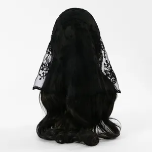 Detailed back view of a black embroidered lace bridal veil for women