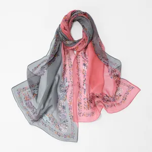 Elegant pink and grey georgette floral scarf with delicate printed borders for women