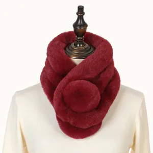 Macro view of thickened wine red faux rabbit fur neck warmer scarf for women winter