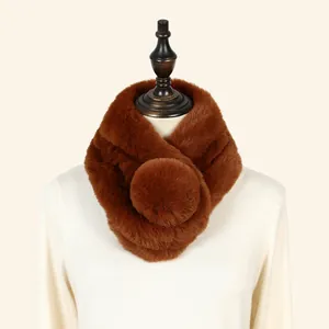 Front view detail of a fluffy brown faux rabbit fur scarf displayed on a white mannequin