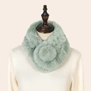 Detail shot of light green thickened faux rabbit fur neck warmer with fluffy texture