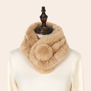 Soft tan faux rabbit fur neck warmer for women with pom-pom detail in winter