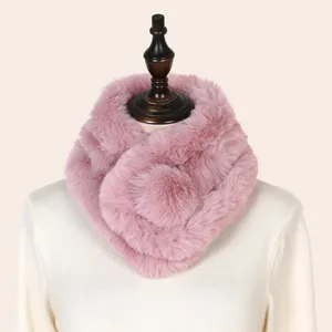 Close-up of plush pink faux rabbit fur neck warmer showing thick and soft texture