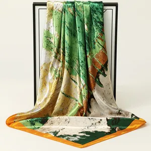 Elegant printed satin square scarf with abstract green and orange oil painting design