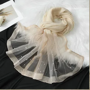 Elegant champagne gold organza shawl with rhinestones and pearls for evening wear