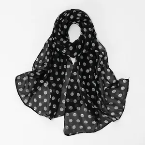 Elegant long black chiffon scarf with white wavy polka dot pattern for women summer