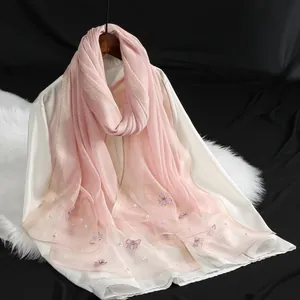 Châle Long en Organza pour Femmes Soie de Mûrier Perlé Foulard de Protection Solaire Élégante Mode Voyage Plage