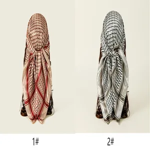 Two elegant checkered satin square scarves with houndstooth patterns in brown and grey