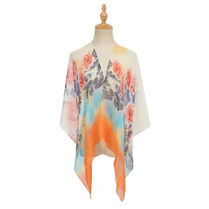 Elegant floral print chiffon shawl for women with orange and blue rose pattern