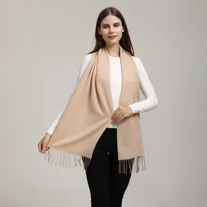 Detailed view of soft beige faux cashmere scarf with elegant long tassel fringe design