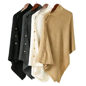 Stylish winter buttoned knit poncho cape in multiple colors for women