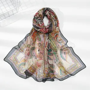Elegant Women Georgette Printed Scarf Fashion Botanical Floral Paisley Shawl Sun Protection Breathable All-Match Lightweight Wrap For Ladies