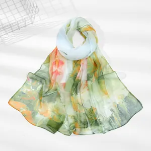 Elegant green and orange floral printed georgette scarf for women breathable shawl accessory