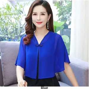 Detail view of a royal blue lightweight chiffon shawl shrug for women's summer wear