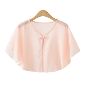 Elegant pink short chiffon shawl cape shrug with delicate button closure for women