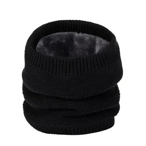 Winter warm knitted neck warmer, thick fleece lined black infinity scarf for outdoor cold.