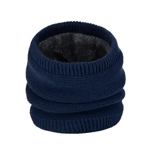 Winter warm knitted fleece-lined neck warmer in navy blue, thick fleece infinity scarf for cold weather.