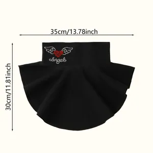 Detailed view of women's black warm fake collar with rhinestone heart and size specifications