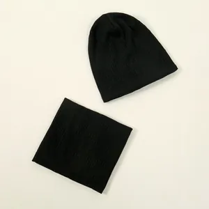High-quality black ribbed knit beanie and matching neck warmer set for winter warmth