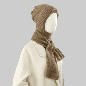 Cozy warm brown knitted balaclava hat and scarf set for women, perfect for winter style.