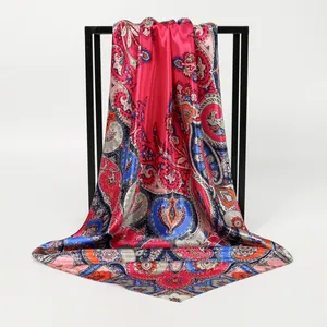 Elegant 90cm red paisley print satin square scarf with silky finish and soft drape