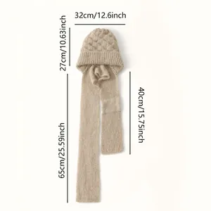 Knitted hooded scarf for women with specific dimensions shown in cm and inches for fit