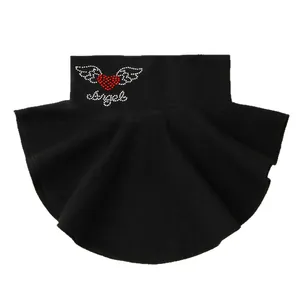 Black thermal neck warmer for women with a rhinestone heart and angel wing design