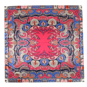 Elegant square satin scarf featuring an intricate and vibrant multicolor paisley pattern