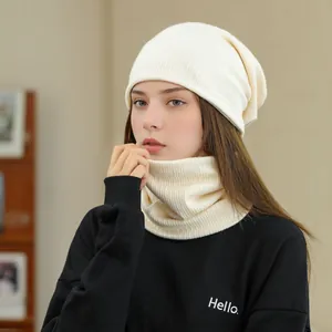 Winter warm knitted beanie hat and matching neck warmer scarf set for women in cream white
